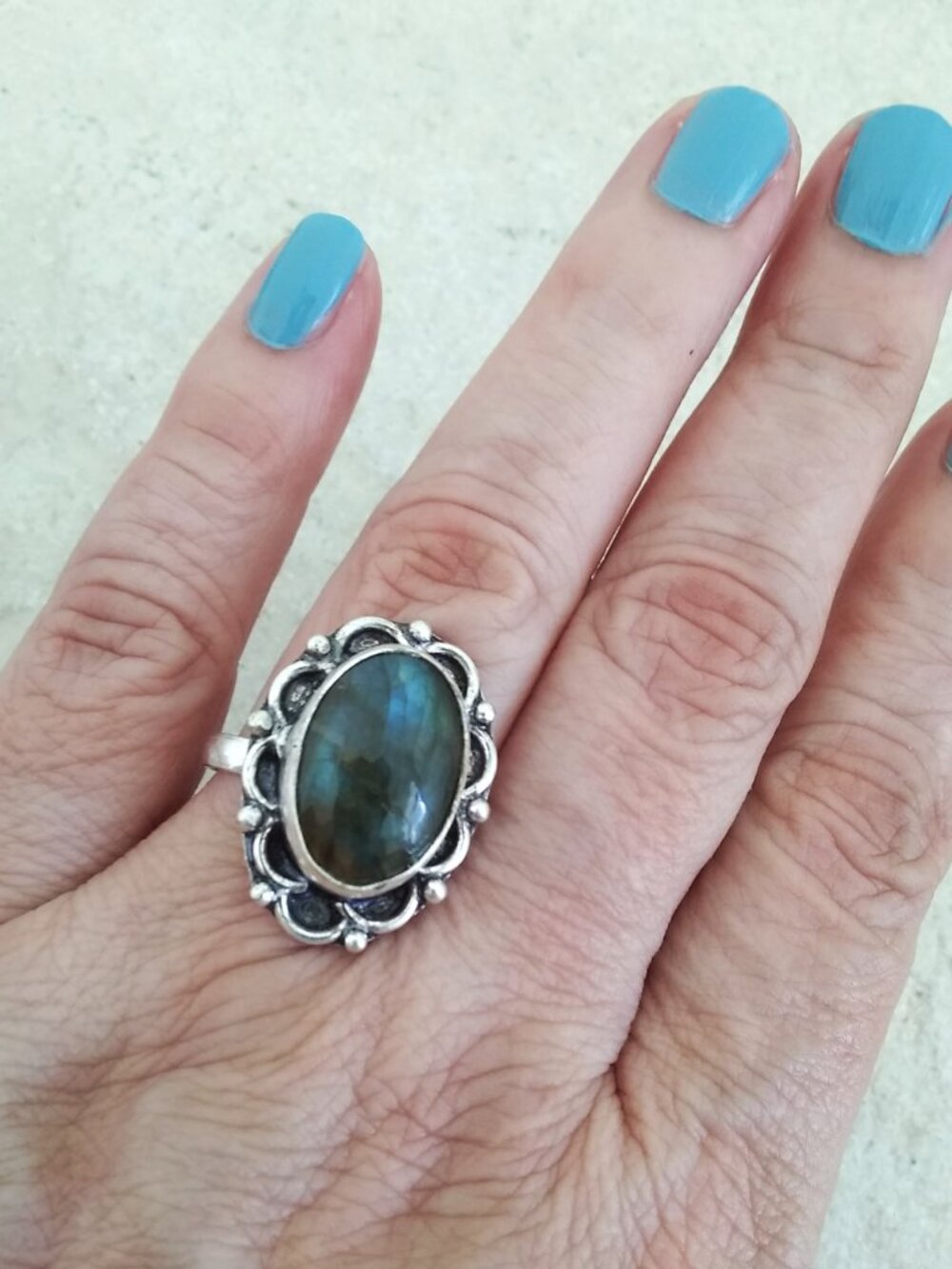 Sz 9.25 - Dark Oval Labradorite w. Mottled Dark Blue Flash